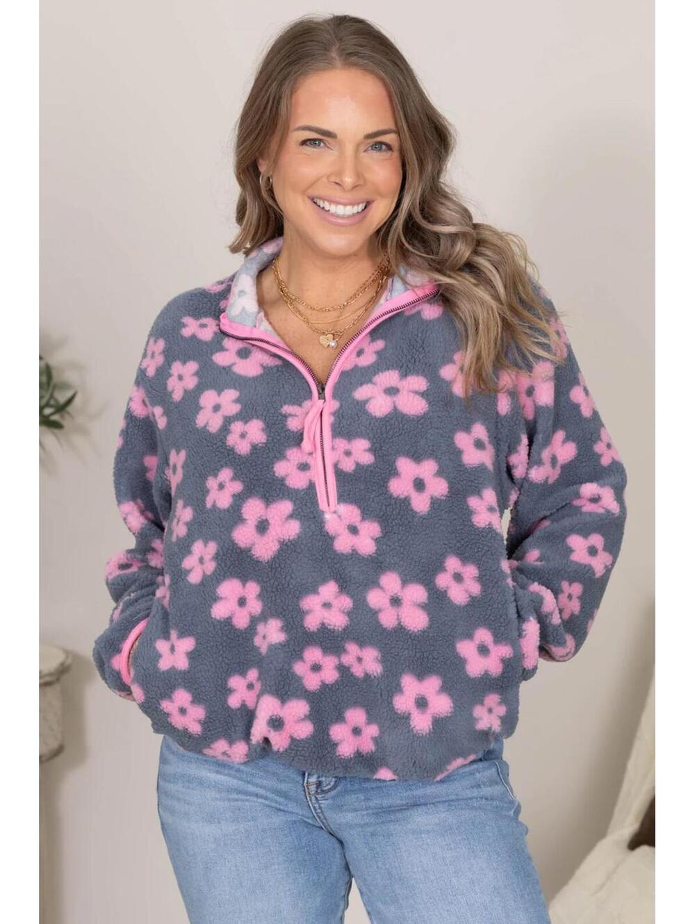 Mittoshop Pink Flower Pattern Quarter Zip Fleece Pullover Size Medium